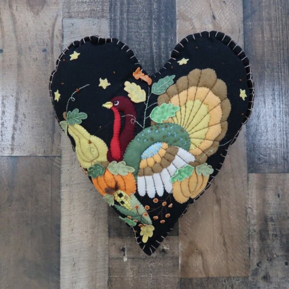 Traditions Turkey in Heart Hand Stitched Wool Felt Pillow Harvest Thanksgiving